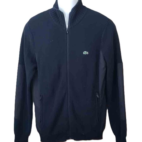 LACOSTE Full Zip Cotton Cardigan Sweater Black Men's Lacoste 3 or Small - Picture 1 of 3